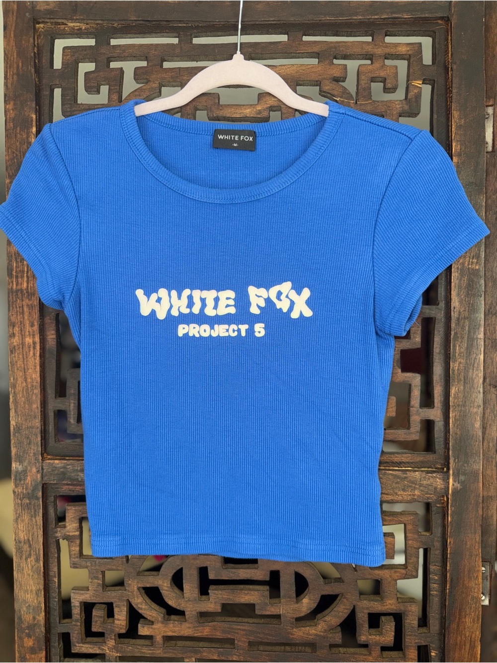 White Fox Blue Ribbed Crop Tee - " Project 5"